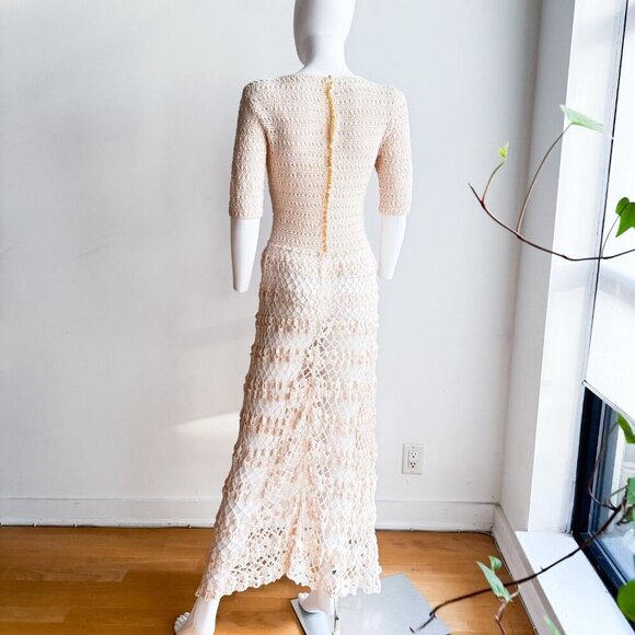 Vintage Crochet open Knit Ivory Cream Maxi Dress w Back Button Closure S - Picture 8 of 12